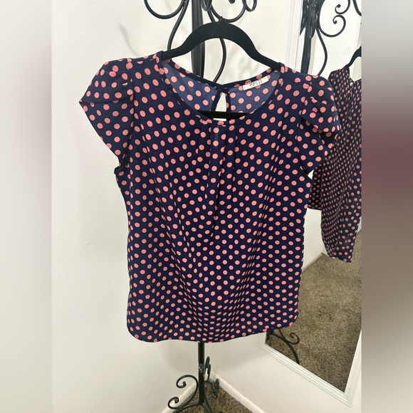 April Usa Navy and Coral Polka Dot Blouse - Picture 1 of 6